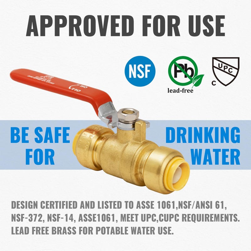 SUNGATOR Ball Valve 1/2 Inch, 1/2" Shut Off Valve, Water Shutoff, No Lead Brass Push-to-Connect Plumbing Fittings for Pex Pipe, Copper, CPVC, with 1 Disconnect Clip, Pack of 2 - Image 2